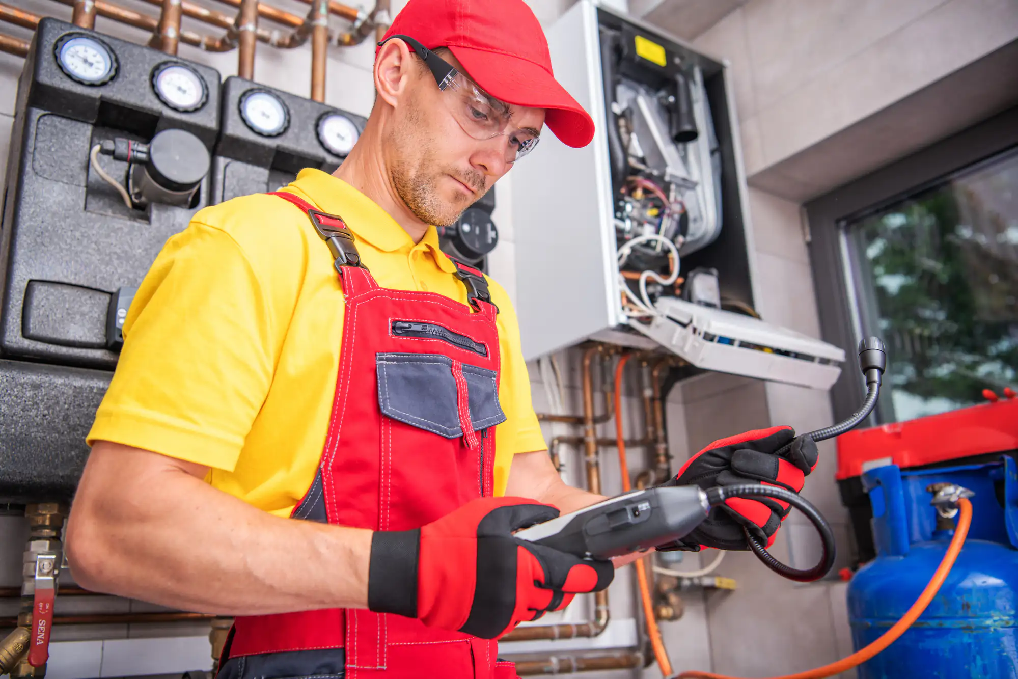 An electrician in Brooklyn, NY, wearing red overalls and safety gear uses a handheld diagnostic tool to inspect a boiler system surrounded by pipes and gauges in a utility room.