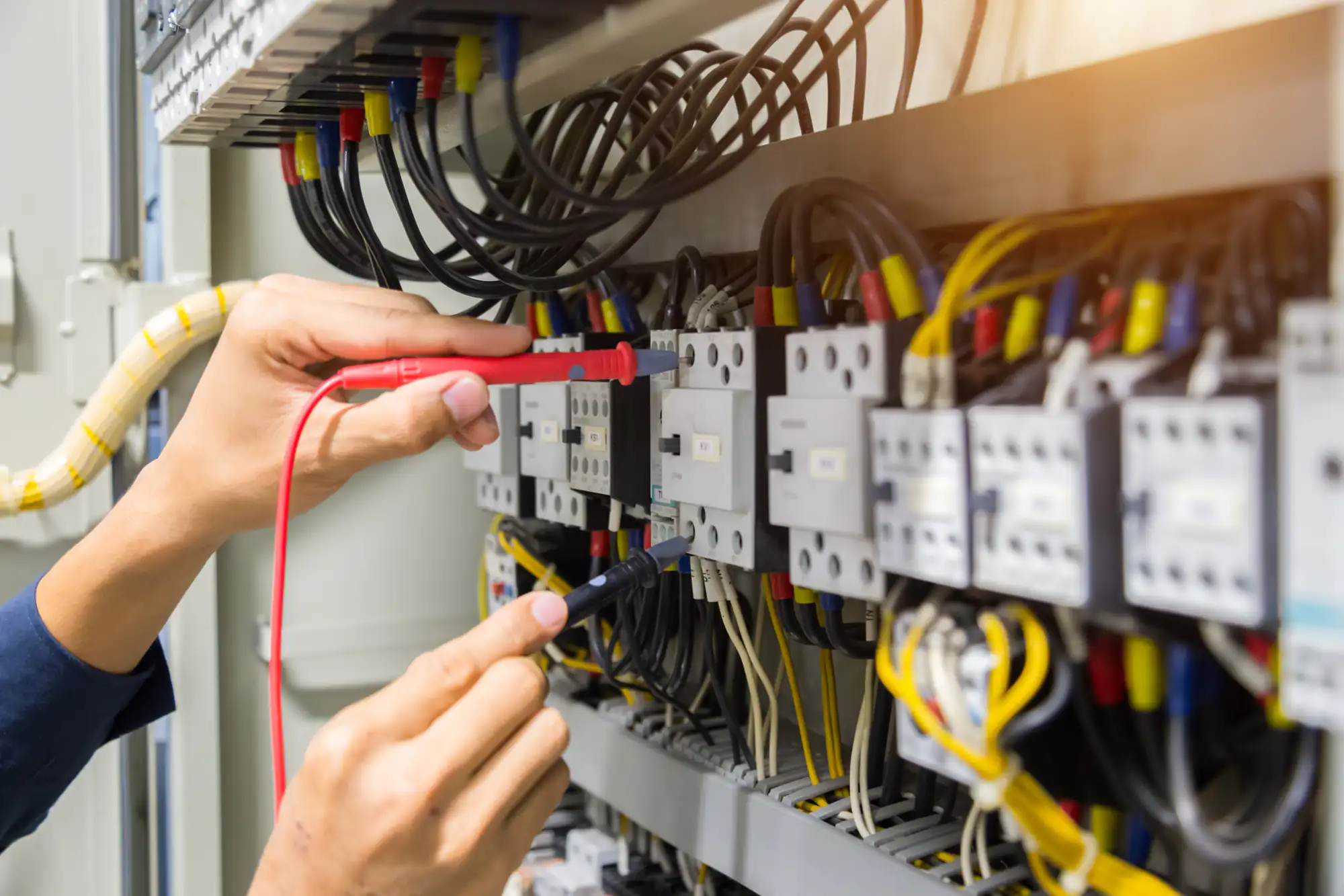 An electrician in Brooklyn, NY uses red and black probes to test or measure connections inside an electrical control panel filled with wires, switches, and relays.